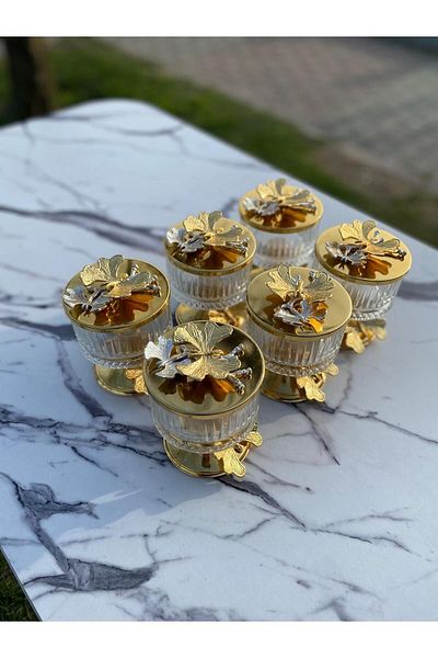 NEWTREND Züccaciye 6-Piece Gold Footed Stylishly Designed Elysia Glass Sugar Bowl, Snack Bowl, Turkish Delight Bowl, Presentation Bowl and Butterfly Lid