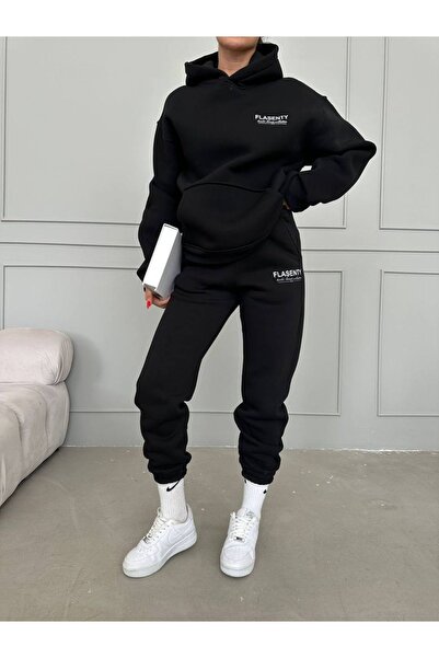 PALPİTO Μαύρο Flasenty 3 Thread Hooded Jogger Sweat Σετ - Τυπωμένο