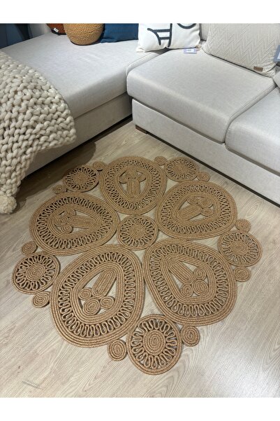 MaVaux Melody Jüt Doğal Hasır Kilim Bej Geometrik Bohem Yuvarlak El Örmesi Halı