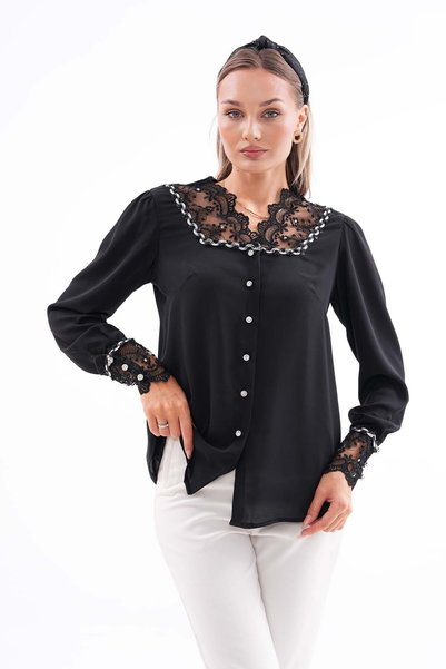 Loom Boutique Kadın Büyük Beden Güpür Dantelli Krep Gömlek G0053