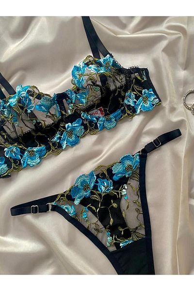ARONA SET SUtien BRODE BRODAT ANEMON BLUE FLORE