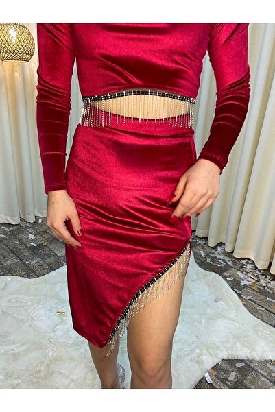 brg ilki Kadın Yılbaşı Kadife Elbise Etek Crop Takım