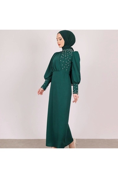 Estel Pearl Detailed Special Occasion Dress Emerald