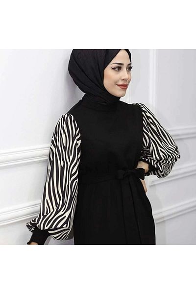 Estel Zebra Patterned Long Length Hijab Dress - Black