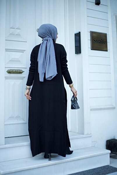 Sfg Life Moda Σετ πλεκτό Hijab με ζιβάγκο - Κοτλέ μακρύ χιτώνα και παντελόνι με λεπτομέρεια με σχισμή