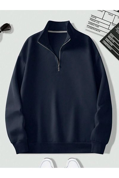 Revasser Μονόχρωμο βαμβακερό oversize φούτερ για άνδρες και γυναίκες - με γιακά και μισό φερμουάρ