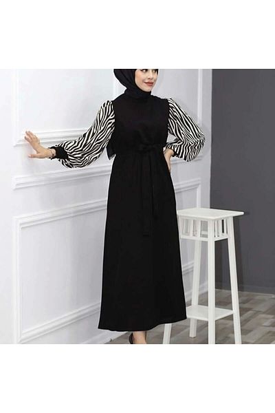 Estel Zebra Patterned Long Length Hijab Dress - Black