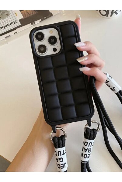 MAB Apple iPhone 15 Pro Compatible Rope Series Neck Strap Silicone Case - Black