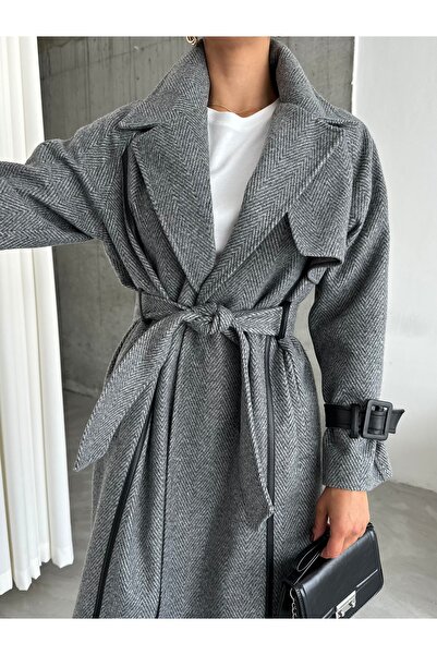 Laluvia Dark Gray Leather Stripe Belted Herringbone Long Coat-43886