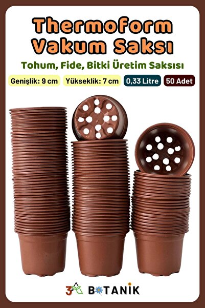 3A BOTANİK Thermoform Vakum Saksı, 9x7 Cm, Üretim Saksısı, 0,33 Litre, Bitki Üretim Saksısı, 50 Adet