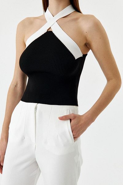Tuba Butik Black Knitwear Cross Strap Women's Blouse