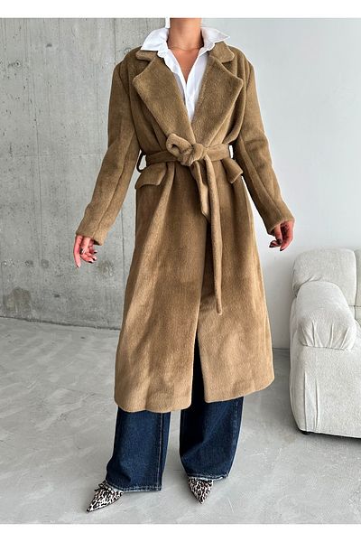 Laluvia Weicher, langer Mantel mit braunem Teddy-Gürtel – 542127