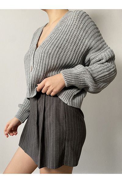 minaaise Light Gray Basic Short V-Neck Knitwear Cardigan 26020
