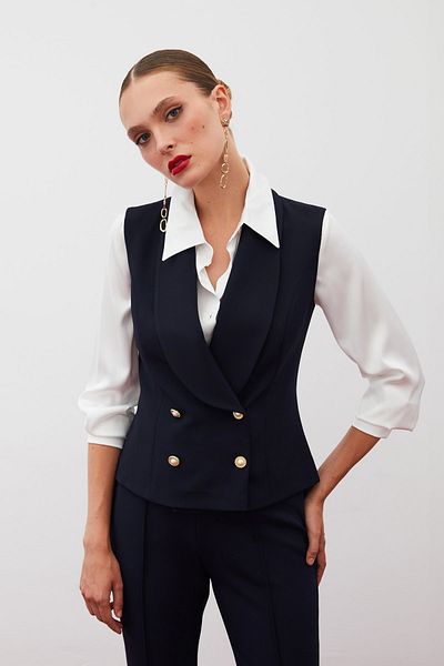 Sateen Dark Blue Vest - Button Detailed