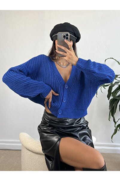 minaaise Cardigan Saks Basic cu decolteu în V scurt 26020