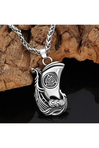 Viking Oseberg Ship Design Gokstad 316l Necklace with Norse Valknut Symbol