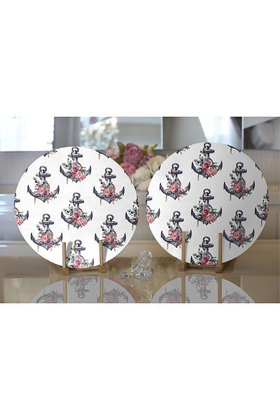 Realhomes 2-Piece White Floor Anchor Motif Digital Printed Modern Round Plate & Placemat