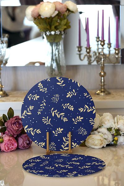 Realhomes 2-Piece Dark Blue Floored Leaf Motif Digital Printed Modern Round Plate & Placemat