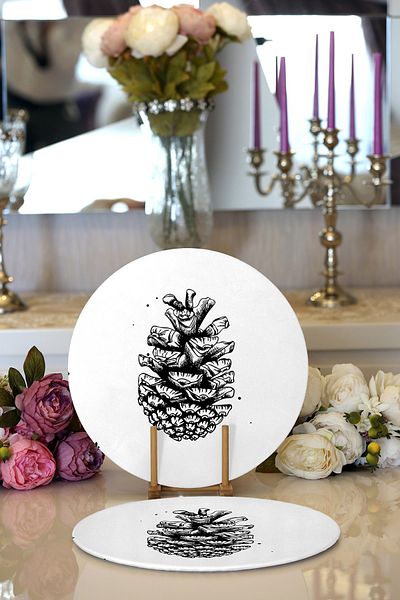 Realhomes 2-Piece Digital Printed Modern Round Charger & Placemat with Charcoal Cone Design