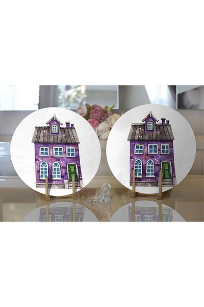 Realhomes 2-Piece Miniature Purple House Drawing Digital Printed Modern Round Plate & Placemat