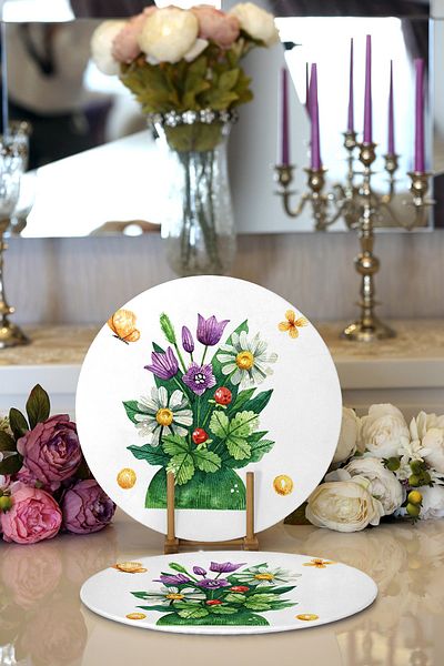 Realhomes 2-Piece Pastel Colored Flower Design Digital Printed Modern Round Plate & Placemat