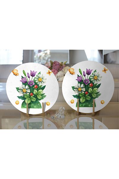 Realhomes 2-Piece Pastel Colored Flower Design Digital Printed Modern Round Plate & Placemat