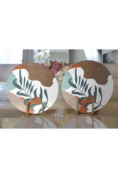 Realhomes 2-Piece Colorful Floor Leaf Motif Digital Printed Modern Round Plate & Placemat