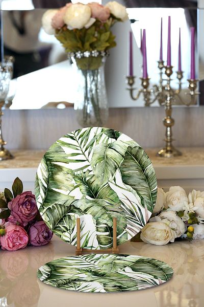 Realhomes 2-Piece Green Tropical Leaves Designed Digital Printed Decorative Round Charger & Placemat