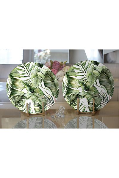 Realhomes 2-Piece Green Tropical Leaves Designed Digital Printed Decorative Round Charger & Placemat