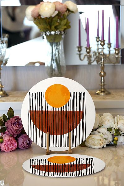 Realhomes 2-Piece Striped Sun Design Digital Printed Modern Round Plate & Placemat