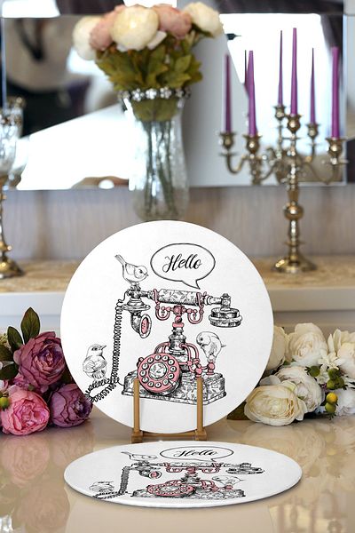 Realhomes 2-Piece White Floor Antique Phone Drawing Digital Printed Decorative Round Plate & Placemat
