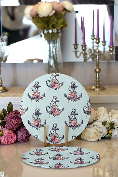 Realhomes 2-Piece Mint Green Floor Anchor Design Digital Printed Decorative Round Plate & Placemat