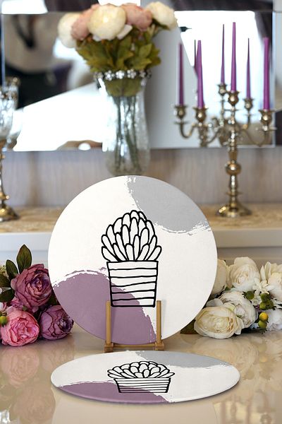 Realhomes 2-Piece Colorful Floor Cactus Design Digital Printed Modern Round Plate & Placemat