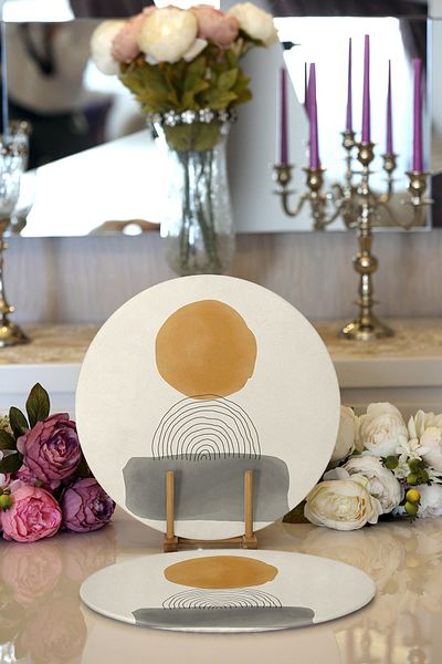Realhomes 2-Piece Abstract Style Digital Printed Decorative Round Plate & Placemat with Onedraw Drawing