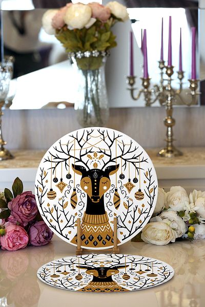 Realhomes 2-Piece Cute Deer Motif Digital Printed Modern Round Plate & Placemat