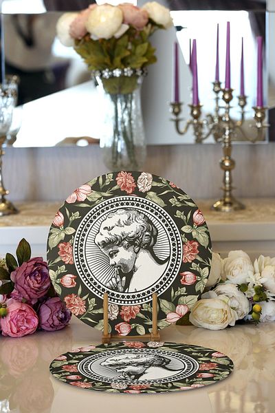 Realhomes 2-Piece Colorful Rose & Portrait Motif Digital Printed Decorative Round Plate & Placemat