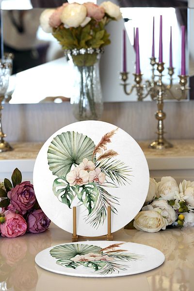 Realhomes 2-Piece Exotic Leaf Design Digital Printed Modern Round Plate & Placemat