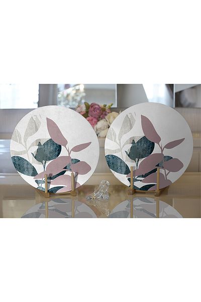 Realhomes 2-Piece Special Design Leaf Motif Digital Printed Decorative Round Plate & Placemat