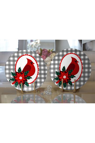 Realhomes 2-Piece Gray Plaid Floor & Red Bird Design Digital Printed Modern Round Plate & Placemat