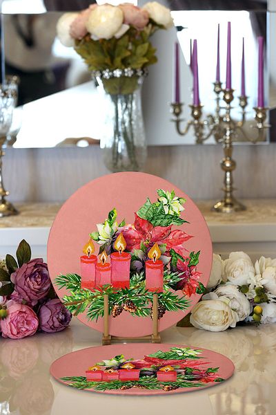 Realhomes 2-Piece Pink Floor Pine Leaf Candle Design Digital Printed Modern Round Charger & Placemat