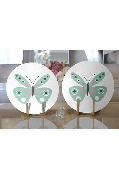 Realhomes 2-Piece Mint Green Butterfly Design Digital Printed Decorative Round Charger & Placemat