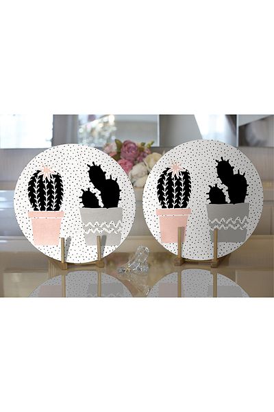 Realhomes 2-Piece Cream Sandblasting Floor Cactus Designed Digital Printed Decorative Round Plate & Placemat