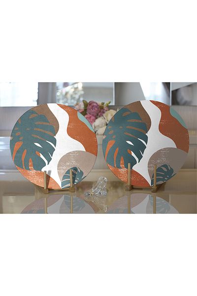 Realhomes 2-Piece Colorful Floor Tropical Leaf Drawing Digital Printed Decorative Round Plate & Placemat