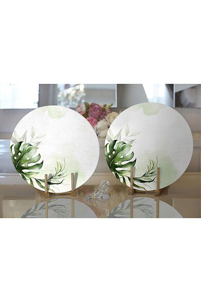 Realhomes 2-Piece Green Tropical Leaf Motif Digital Printed Modern Round Plate & Placemat