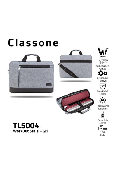 Classone Workout Tl5004 15.6" Su Geçirmez Kumaş ,macbook Mac Air, Notebook, Laptop El Çantası-gri