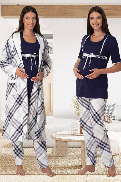 lohusahamile Navy Blue Breastfeeding Featured Maternity Pajamas Set with Dressing Gown Effortt 6024