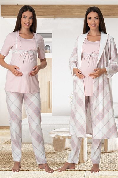 lohusahamile Powder Breastfeeding Featured Maternity Pajamas Set with Dressing Gown Effortt 6024
