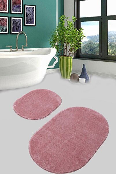 Sarar Peluş Oval Banyo Takımı Pembe 60x100 60x40