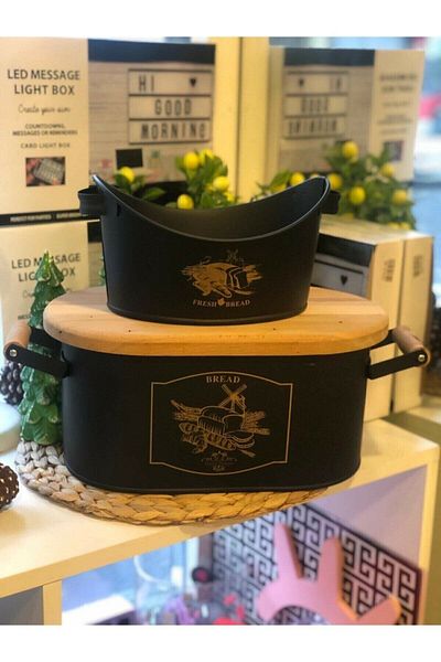 La Push Concept Lapush Metal Wrought Iron with Wooden Lid (TOP BREAD CUTTING BOARD) and Tableware Bread Set (black)