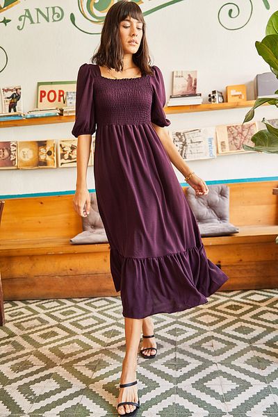 Olalook Pflaumenfarbenes, plissiertes Bodrum-Kleid mit quadratischem Kragen für Damen ELB-19001557
